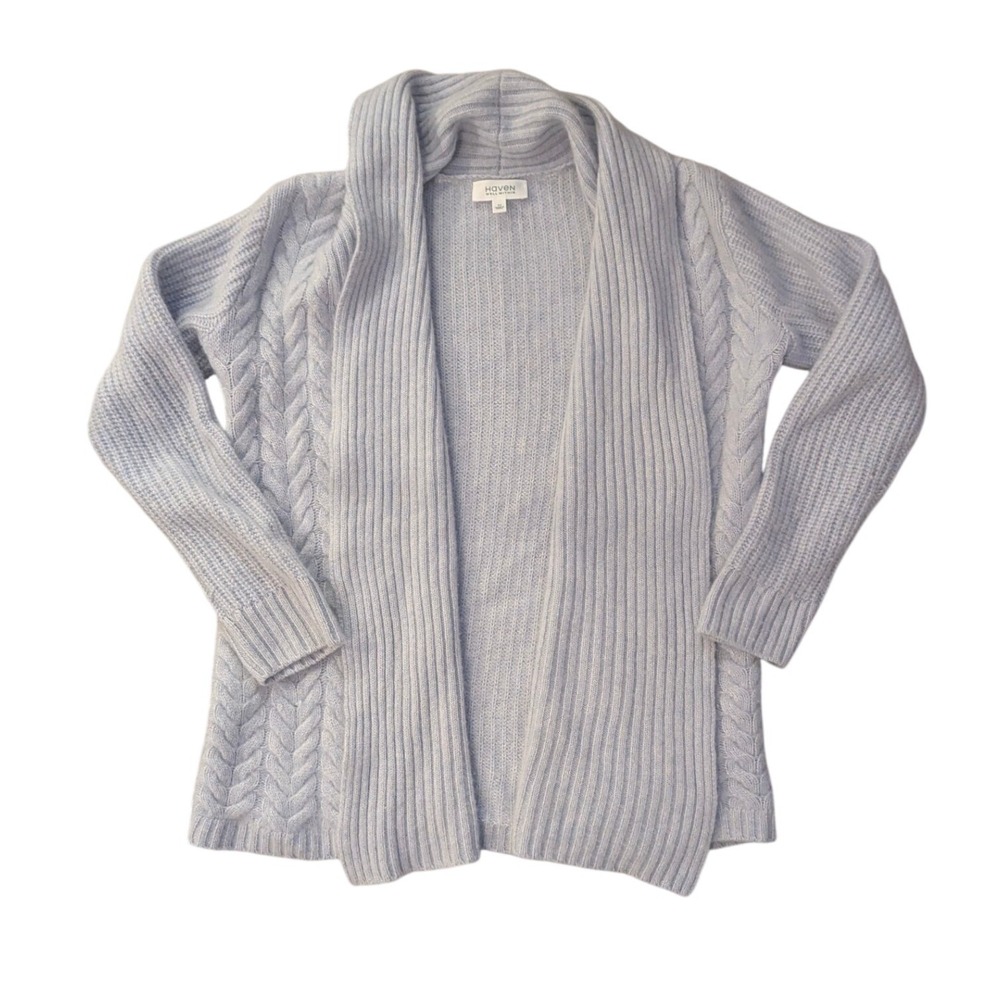Haven Well Within Cardigan Women XS Blue Cashmere Cable Knit Open Front Sweater